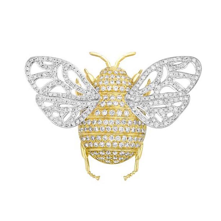 Pavé diamond bee brooch by Theo Fennell that can also be worn as a pendant in 18ct white and yellow gold set with 1.04ct of diamonds.
